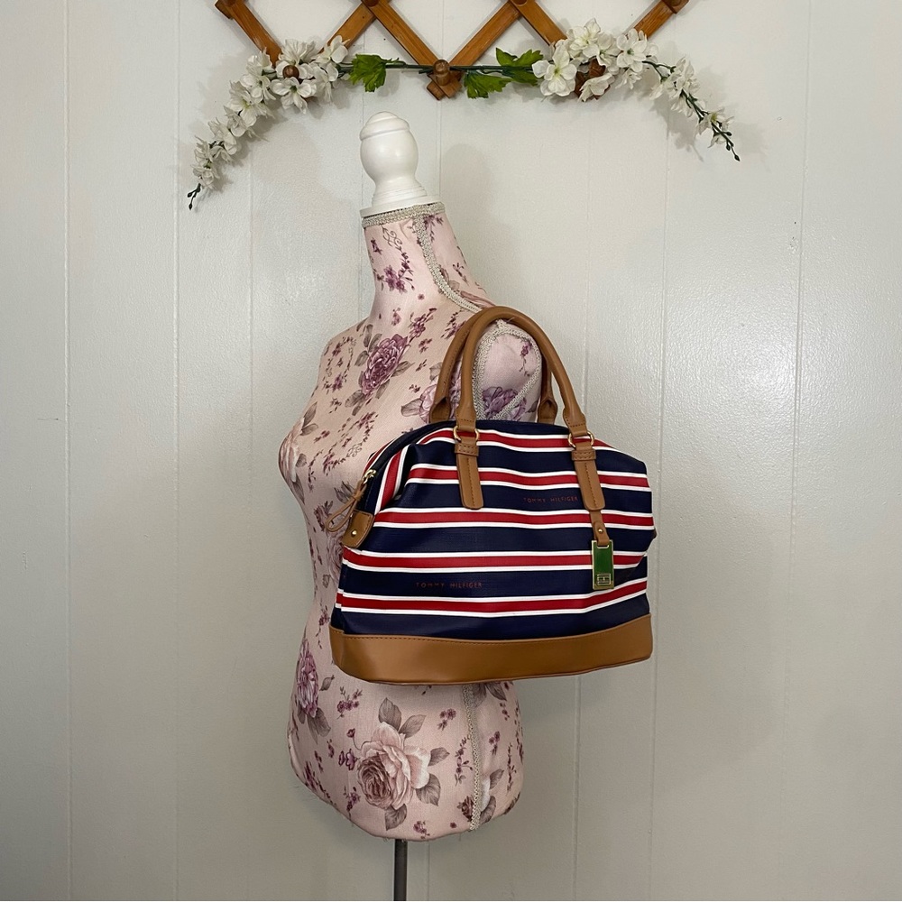 Tommy Hilfiger Tan with Navy/Red/White Striped Pattern Satchel Bag